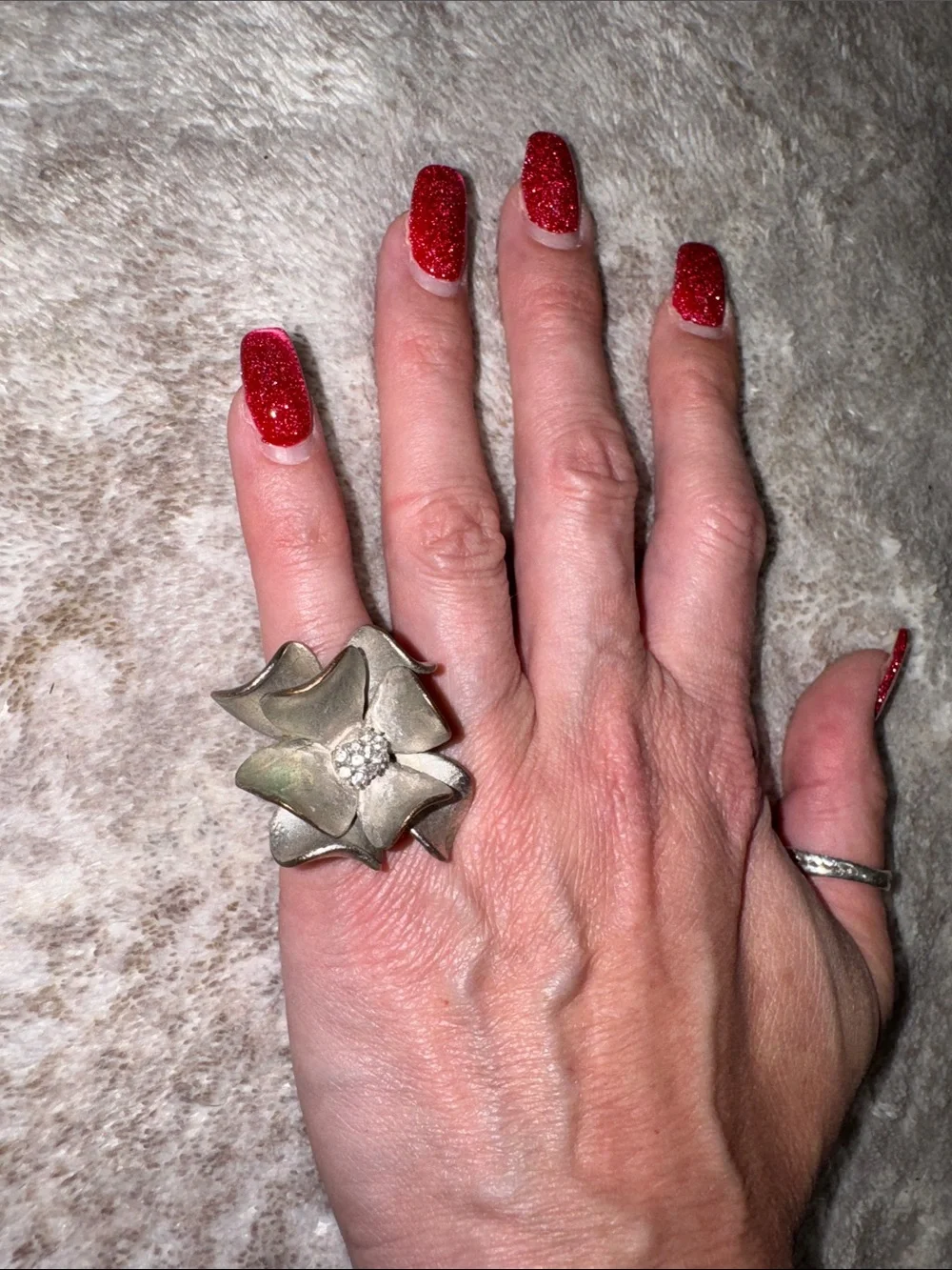 Silver Floral Cocktail Ring with Crystal Accent - Women's Statement Jewelry